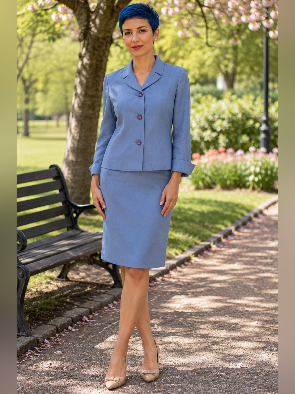 Petite Sophisticate Blue Linen Blend Skirt Suit Set Women’s 12